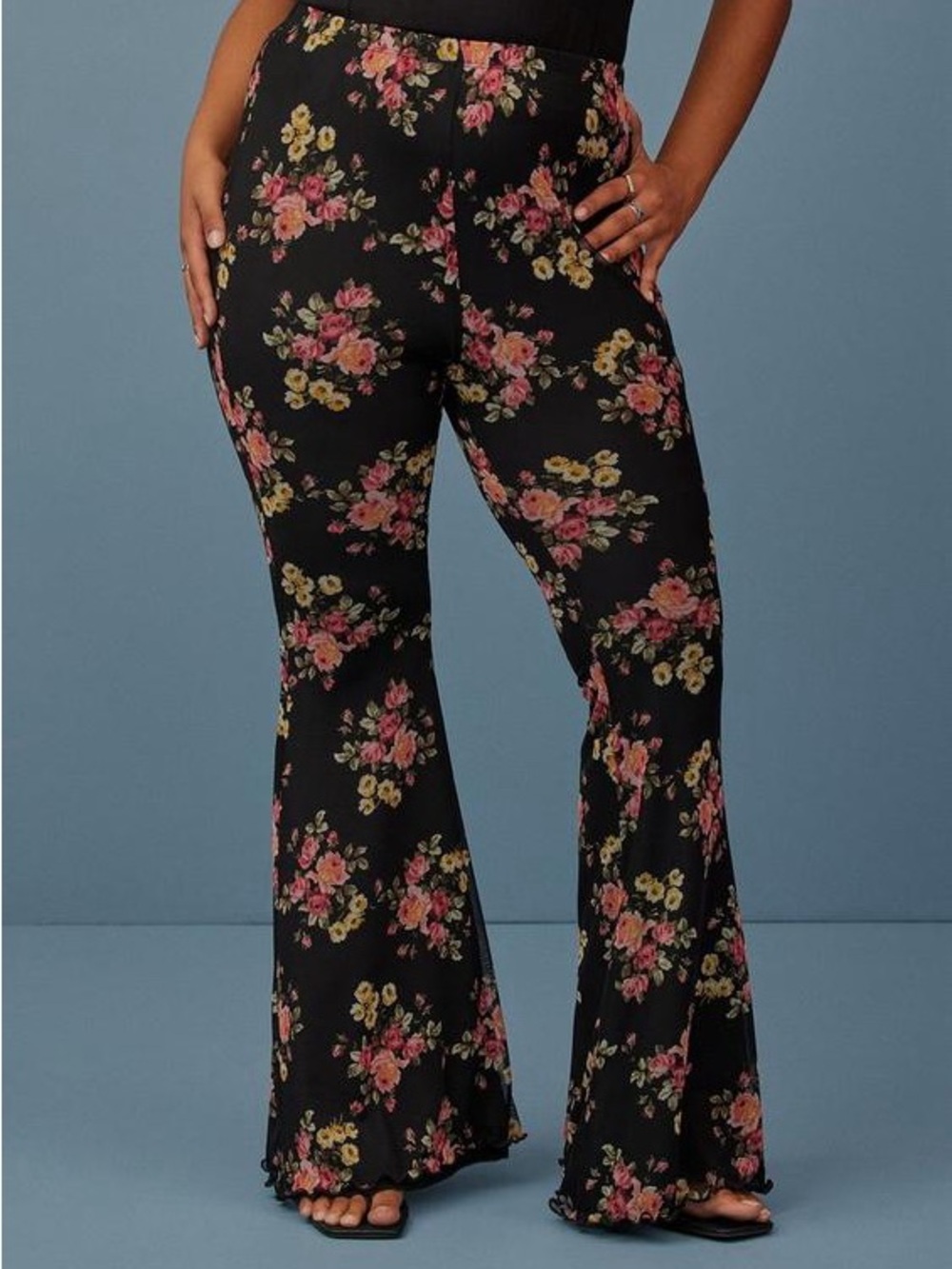 Torrid Festi black floral Flare Stretch Mesh High-Rise Pant 1X